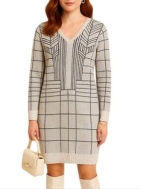 New Billy Reid Wool Stripe Gray Sweater Cashmere Cream Dress Medium L